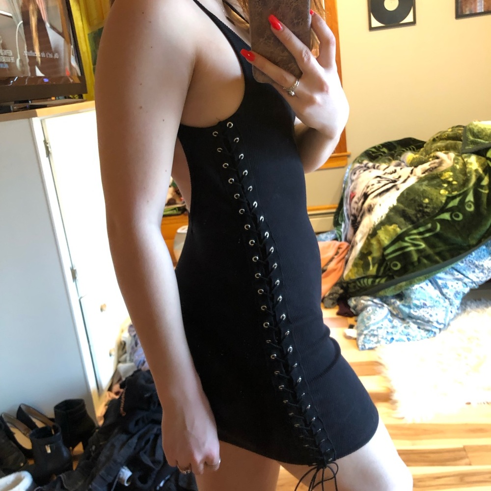 UO LACE UP MINI RIBBED DRESS
